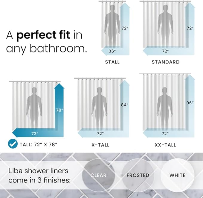 LiBa Bathroom Shower Curtain - Waterproof Plastic Shower Curtain Premium PEVA Non-Toxic with Rust Proof Grommets White 8G Heavy Duty Bathroom Accessories 72x78
