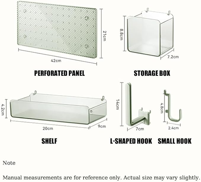 Pegboard Organizer Set for Wall, No-Drill Self-Adhesive Pegboard with Shelf, Storage Box and Hooks, Bathroom Kitchen Wall Organizer for Home Office, Light Green (Board + Shelf + Box + 5 Hooks)