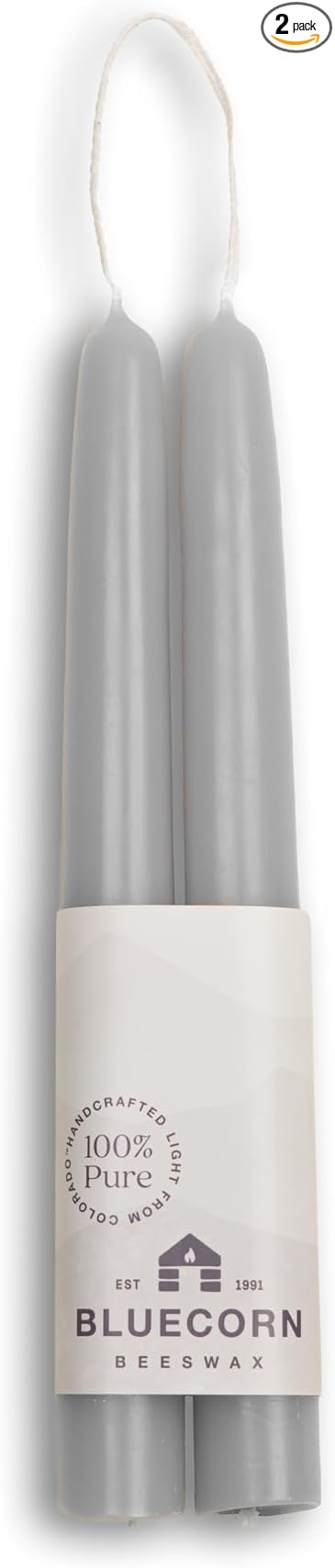 Bluecorn Beeswax Taper Candles, 100% Pure Natural Bees Wax, 8 Inch Pair, Grey Candlesticks, Unscented, Clean Burning & Dripless, Long Lasting, Thanksgiving & Christmas Decor, American Made, 1 Count