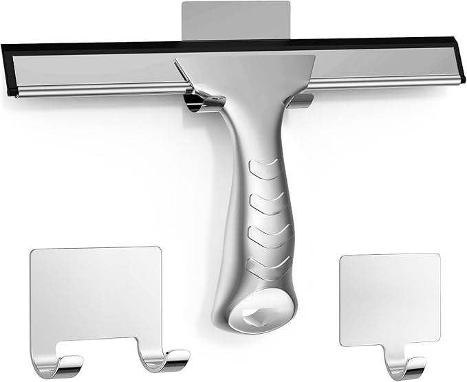 OVSGTTZ All-Purpose Stainless Steel Shower Squeegee for Glass Doors with 2 Adhesive Hooks, Squeegee for Bathroom Cleaner Tool Household Window Mirror Squeegee, Cleaning Tile Wall, Car, 10 Inch Silver