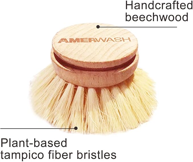 AMERWASH PLUS Classic Dish Brush Replacement Head 3 Packs, Natural Bristle Tampico Fiber for All Purpose Cleaning, Kitchen Scrubber