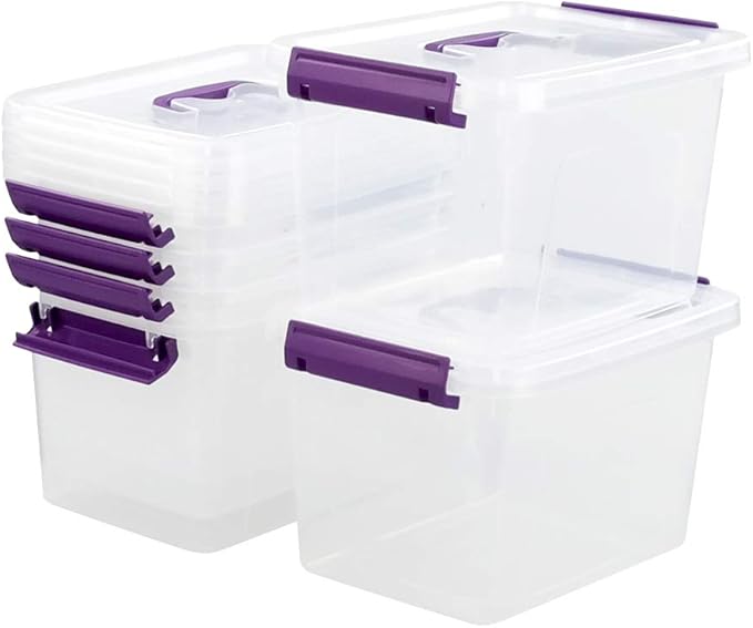 Farmoon 6 Quart Clear Storage Bin, Small Plastic Stackable Box/Cotainer with Lid and Purple Handle, 6 Packs