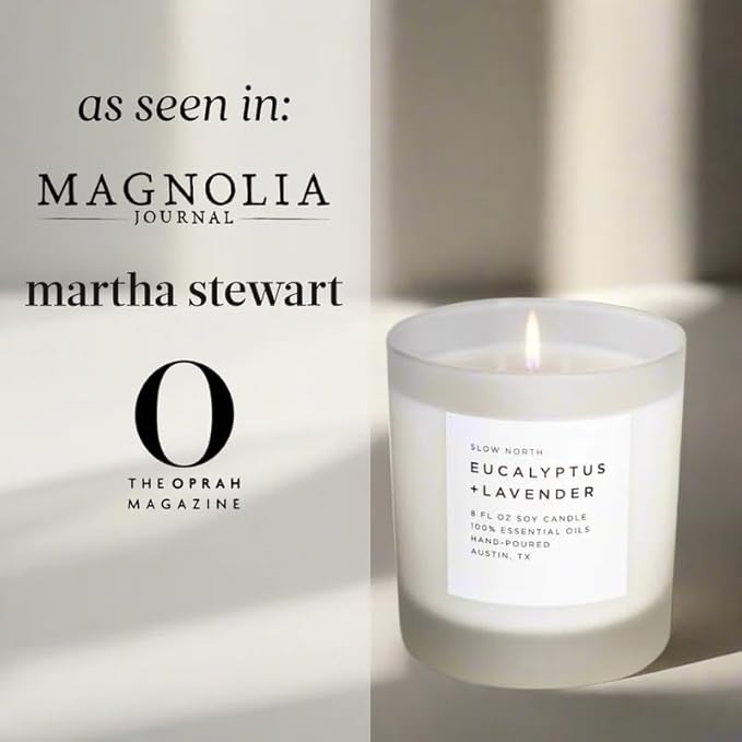 Slow North Eucalyptus + Lavender Candle - Essential Oils and Pure Soy Wax Candle in a Reusable Frosted Glass Jar - A Unique Scented Candle Hand-Poured in The USA (8 oz)
