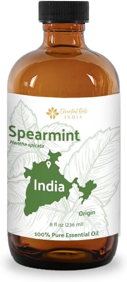 Spearmint Essential Oil - Direct from Essential Oils India - Steam Distilled - Aceite Esencial de Menta Verde for Aromatherapy, Massage, Diffuser, DIY Candle and Soap Making - 8oz