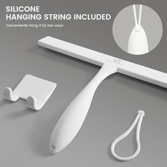 Shower Squeegee for Glass Doors, 11-Inch Silicone Squeegee with Non-Slip Handle and Adhesive Hook for Bathroom, Mirror, Tile, Car Window (White)