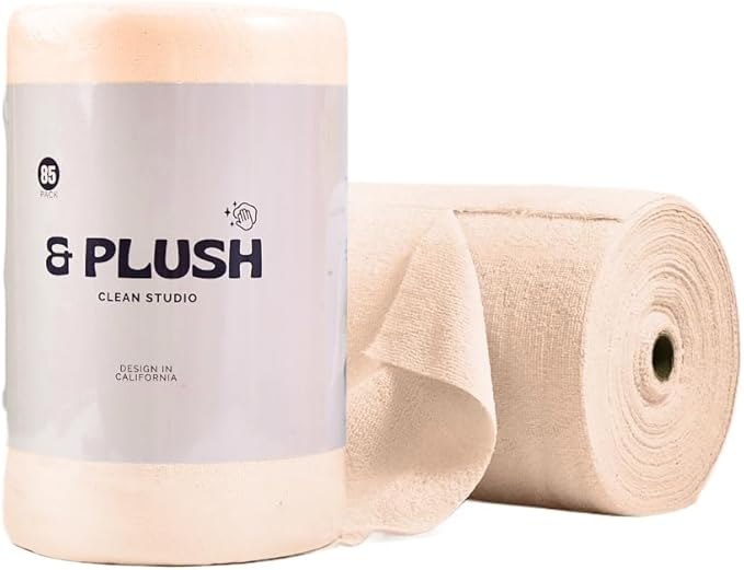 & PLUSH Microfiber Cleaning Cloth Roll - 85 Pack, Tear Away Microfiber Towels, 12" x 12", Reusable, Washable, Streak Free, Ultra Absorbent Dish Rags for Car, Home, Garage or Shop (Beige)