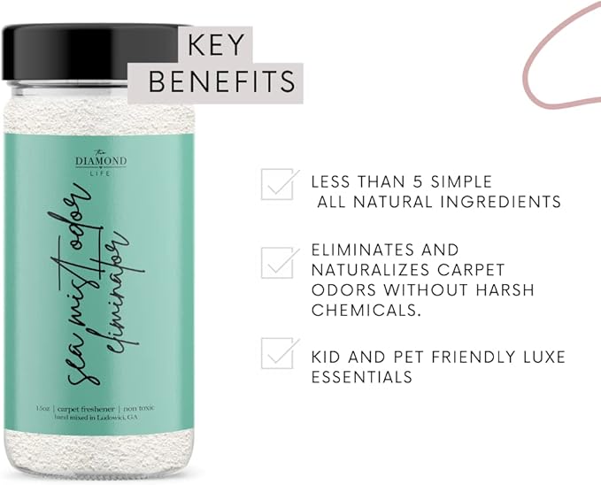 The Diamond Life Home “Sea Mist” Carpet Deodorizer Powder – Natural Odor Eliminator for Carpets, Upholstery, Pet Urine, Dog Beds & Cat Litter Boxes – Pet-Friendly – Cotton Blossom & Linen