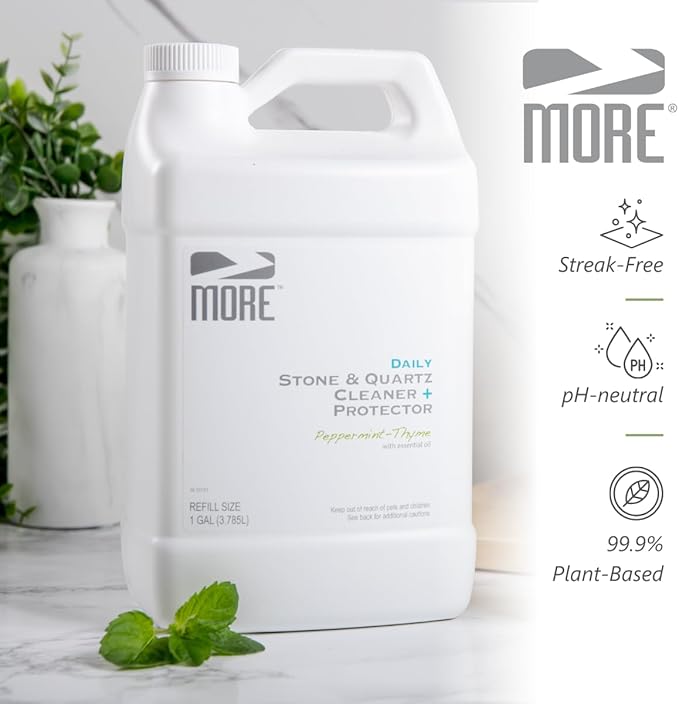 MORE Stone & Quartz Cleaner + Protector - Granite, Quartz & Marble Cleaner - For Kitchen & Bathroom Countertops - Water-Based Surface Spray - Peppermint-Thyme Essential Oil - Pint + Gallon Bundle
