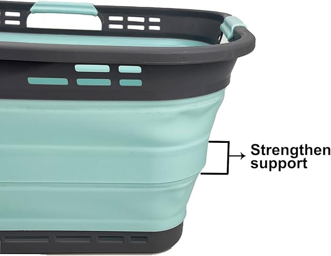 SAMMART 42L (11 Gallon) Collapsible Plastic Storage Basket - Foldable Pop Up Storage Container/Hamper - Portable Laundry Organizer - Space Saving (Grey/Lake Green, 42L (Style A))