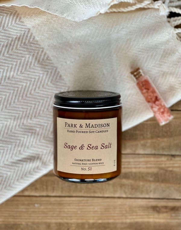 Park & Madison Sea Salt & Vetiver Soy Candle – Refreshing Earthy Scent with Ocean Air, Aquatic Florals & Warm Musk – Eco-Friendly Amber Jar, Non-Toxic, Long-Lasting Scented Candle (4 oz)