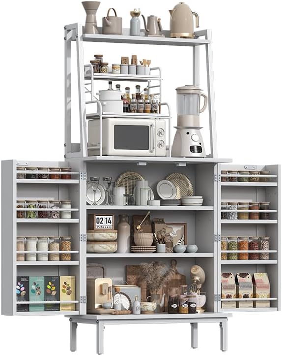 Semoic 51" Pantry Cabinet, Kitchen Storage Cabinet with Storage Shelves, Modern Kitchen Hutch with Microwave Stand, Adjustable Shelves, Food Pantry Cabinet for Dining Room (White)
