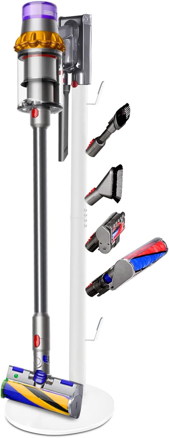 Freestanding Vacuum Stand Holder Compatible with V15 Detect, V11 V10 V8 V7 V6 Cordless Vacuum Cleaners, Floor Docking Station Metal Organizer Bracket with 6 Hooks, White