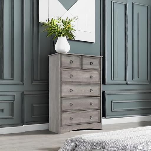 LGHM Modern Dressers for Bedroom with 6 Drawers, 6 Drawer Dresser, 44.33" Tall Chest of Drawers Closet Organizers & Storage Clothes - Easy Pull Handle, Textured Borders for Living Room, Hallway, Gray