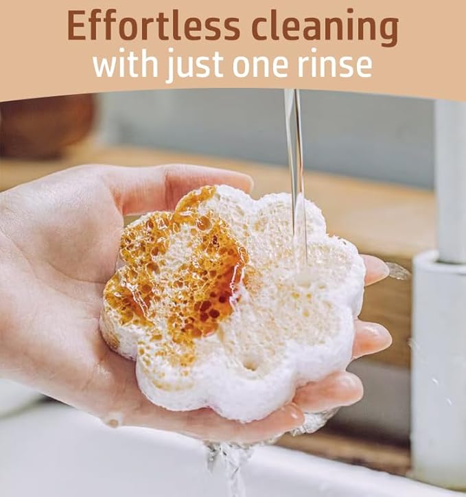 Flower-Shaped Wood Pulp Sponge Scrubber, sponges Kitchen– Dual-Sided Natural Dish Sponge,sponges for Dishes, Eco-Friendly, Quick-Drying, Gentle on Non-Stick Pans (8.5×1.8cm) (10pcs)