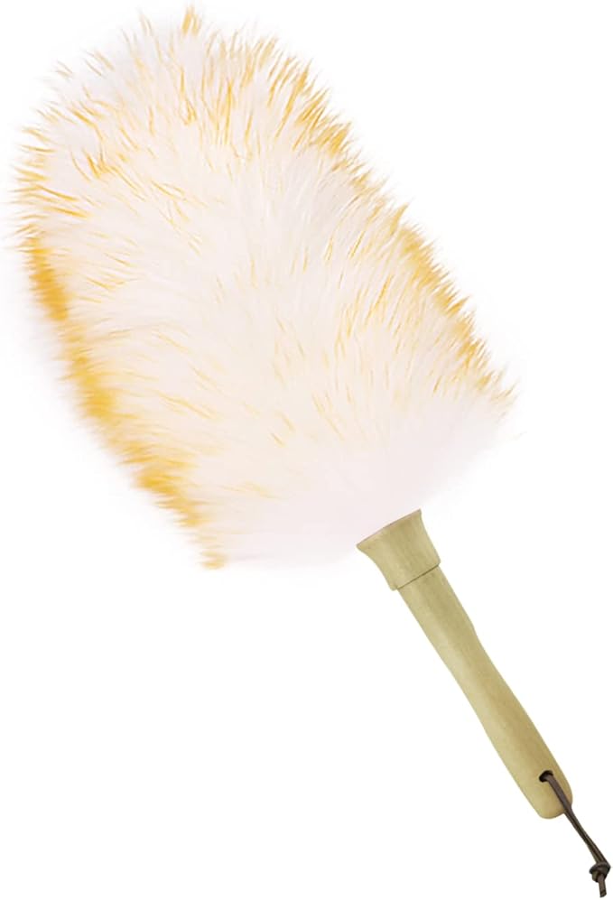iHUFeather Lambswool Duster 14'' Length Solid Wooden Handle Leather Hang Strap for Cleaning Ceiling Fans Window Blinds Computer Furniture Figurines TV Natural Feather Duster,Yellow+White