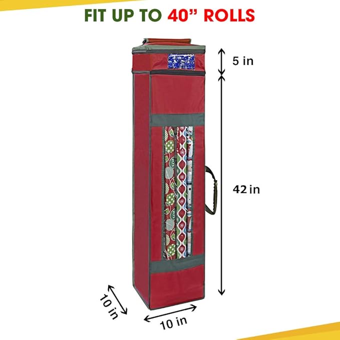 ProPik Wrapping Paper Storage Bag with Pocket and Handles Including Hanging Loop Heavy Duty Material with Clear Window 47 x 10 x 10 Inch Fits 40 Inch Long Rolls (Red, 1 Count)