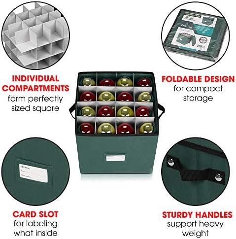 ProPik Christmas Ornament Storage Box, 4 Tier Holds Up to 64 Holiday Ornaments Decoration Balls, Storage Container with Dividers, Made with Durable 600D Oxford Polyester Material (Green)