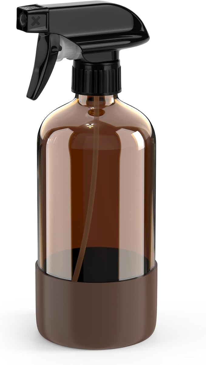 Bontip Amber Glass Spray Bottle with Silicone Sleeve Protection, 16 oz Refillable Spray Bottle for Cleaning Solutions, Plants, Aromatherapy, Facial Hydration (Brown Sleeve(Amber Bottle)