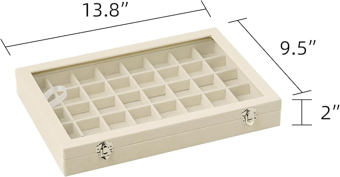 Frebeauty 40 Grid Jewelry Tray,Adjustable Earring Holder Organizer with Glass Lid,Velvet Drawer Jewelry Organizer for Rings,Studs,13.8 x 9.5 x 2 Inches Jewelry Display Box,Gift for Women(Beige)