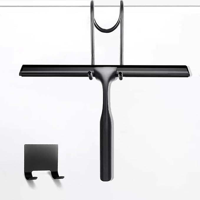 Windran 10-Inch Shower Squeegee for Glass Doors, Stainless Steel Shower Squeegee with Shower Door Hook & Adhesive Hook, Multi-Purpose Bathroom Squeegee for Glass, Door, Mirror and Window (Black)