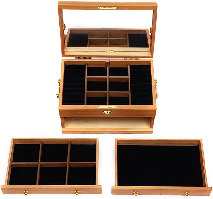 3-Layer Jewelry Organizer with 2 Drawers Wooden Jewelry Box Organizer Display Storage Case with Mirror and Lock for Women Necklace Ring Storage