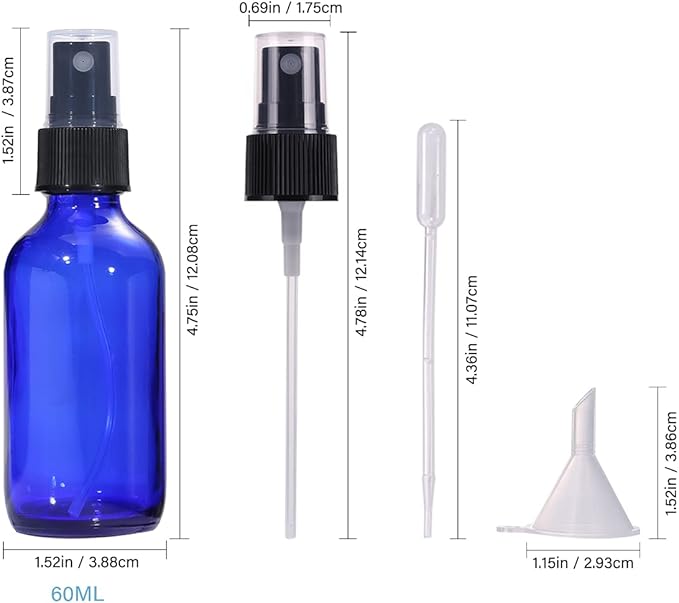 LIYUABU 60ml Blue Glass Spray Bottles,Small Empty Fine Mist Perfume Refillable Reusable Travel Spray Bottle for Essential Oils/Hair/Aromatherapy/Cleaning/Cosmetic with Extra Spray Nozzle(2 Pack)