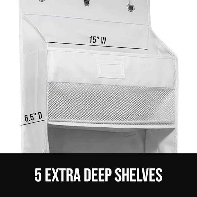 GORILLA GRIP Large Capacity Closet Organizer, 5 Deep Shelves, Holds 50lbs, Over the Door Organizers 6 Mesh Pockets, Shelf Storage for Clothes Crafts Dorm Essentials, 3 Metal Hooks, 58x15 Inches, White