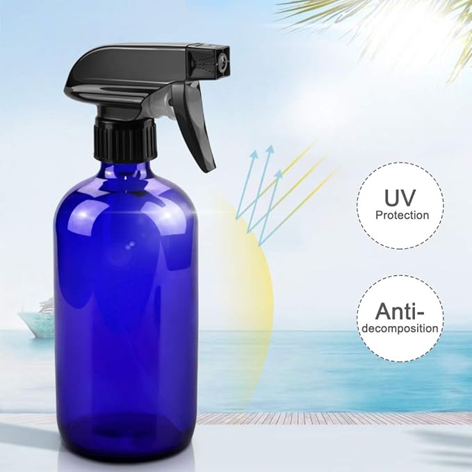 Worldgsb Glass Spray Bottles, 16oz Blue Glass Spray Bottles with Labels & Adjustable Nozzle, Reusable Containers for Cleaning, BBQ, Food, Plants, Alcohol, Essential Oils(3 Pack)
