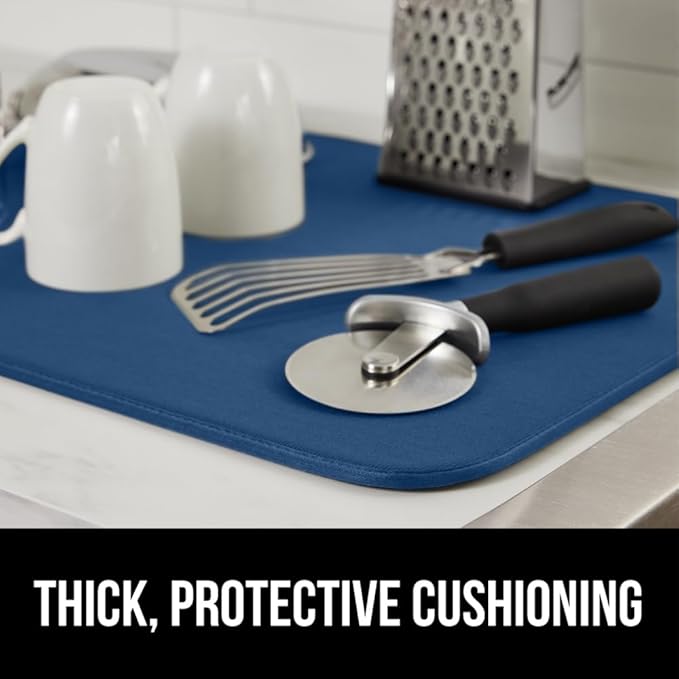 GORILLA GRIP Ultra Water Absorbent Microfiber Dish Drying Mat, Quick Dry Thick Mesh, Slip Resistant Pad for Sink Dishes or Under Rack, Kitchen Counter Accessories, Machine Wash, 18x16 Inch, Blue