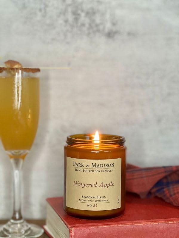 Park & Madison Gingered Apples Soy Candle - Apples Mimosa Scented Candle | Hand-Poured Amber Jar Candle with Black Lid | Fruit Scented Fall Candle | Eco-Friendly, Phthalate-Free, Non-Toxic (8 oz)