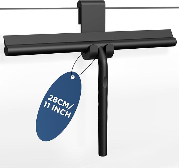 ecooe Silicone Shower Squeegee with Hanger, 11″/28cm Shower Squeegee for Glass Doors, Black Window Squeegee Scraper with Stainless Steel Core for Home Bathroom Kitchen Car Glass Doors