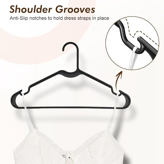 HOUSE DAY Black Plastic Hangers 60 Pack, Lightweight Clothes Hangers with Non-Slip Shoulder Grooves - Space-Saving, Durable & Reinforced Edges Coat Hanger for Closet Organization (Made in USA)
