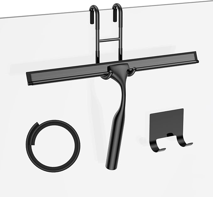 Black Shower Squeegee for Glass Door 12-Inch Bathroom Squeegee Window Wiper, with Shower Door Hook, Adhesive Hook, Spare Silicone Blade for Window Mirror Car All-Purpose Squeegee