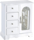RR ROUND RICH DESIGN Jewelry Box - Made of Solid Wood with 4 Drawers Organizer and Built-in Necklace Carousel and Large Mirror White