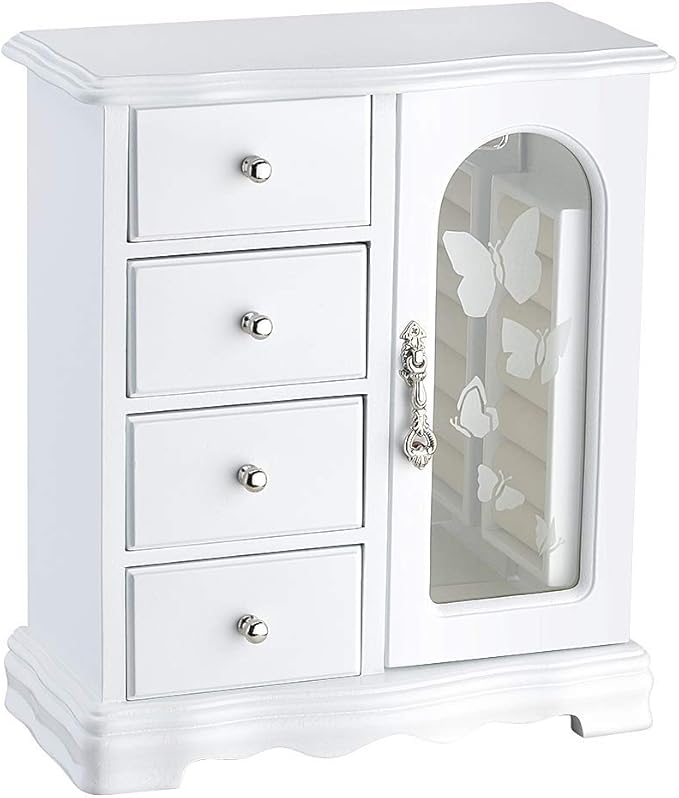 RR ROUND RICH DESIGN Jewelry Box - Made of Solid Wood with 4 Drawers Organizer and Built-in Necklace Carousel and Large Mirror White