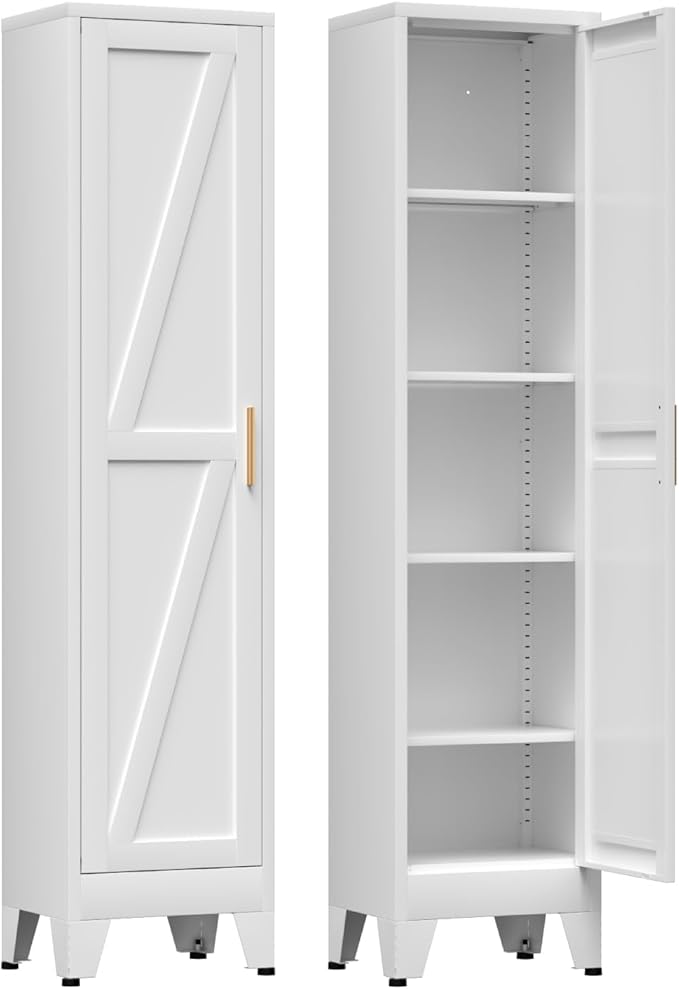 COFaR 67'' Tall Slim Bathroom Storage Cabinet, Metal Narrow Pantry Cabinet with 4 Adjustable Shelves and One Door, Skinny Cabinet Storage for Kitchen Laundry, White Farmhouse 5 Tiers