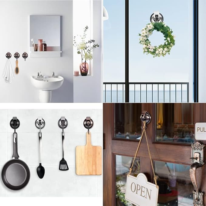 Suction Cup Hooks for Shower, Bathroom, Kitchen, Glass Door, Mirror, Tile – Loofah, Towel, Coat, Bath Robe Hook Holder for Hanging – Waterproof Wreath Hanger (2, Black)