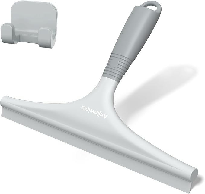 Anjinwiper Silicone Shower Squeegee for Glass Doors with Hook, Window Squeegee for Shower Doors, Kitchen, Mirrors and Tiles, Glass Squeegee Bathroom Shower(10 inch, Gray)