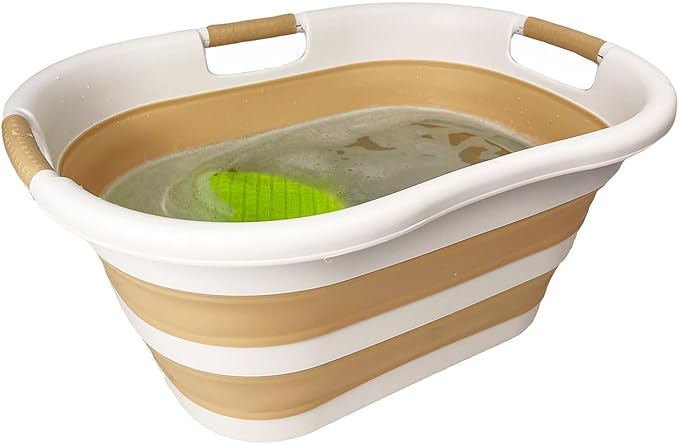 SAMMART 40L (10.5 gallon) Plastic Foldable Laundry Basket/Tub - Collapsible, Space Saving and Portable Laundry Hamper, Ideal for Home, Travel, Dorm, and Camping (1, White/Beige)