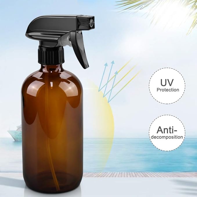 Worldgsb Glass Spray Bottles, 16oz Refillable Containers, Empty Boston Round Bottles with Labels & Adjustable Nozzle for Cleaning, Gardening, Aromatherapy, Pets, Plant, Hair -Amber (2 Pack)