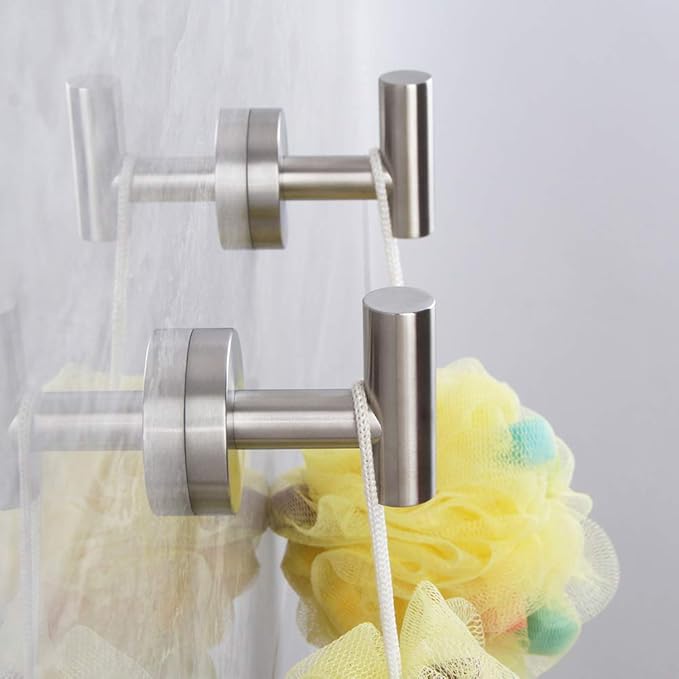 Brushed Stainless Steel Towel Coat Hooks Bathroom Clothes Garage Hotel Cabinet Closet Sponges Robe Hook Wall Mounted Round Kitchen Heavy Duty Bath Door Hanger 2 Pack