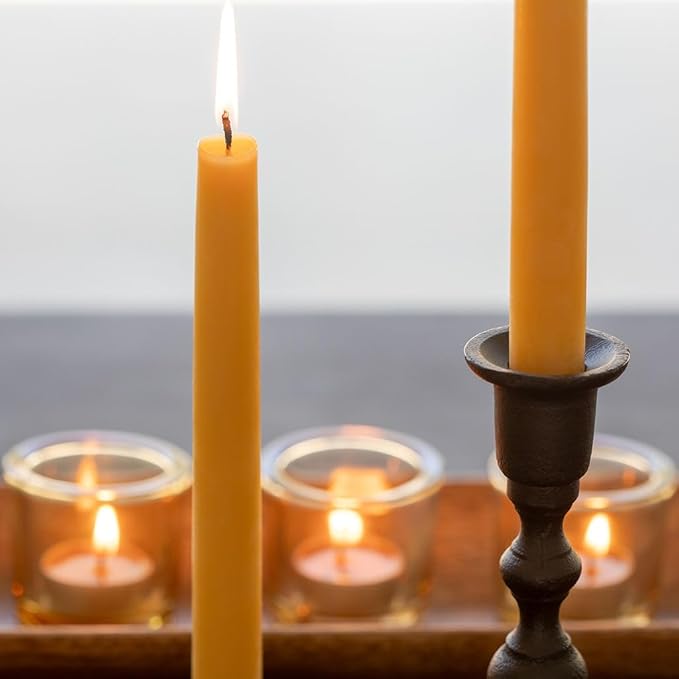 Bluecorn Beeswax Taper Candles, 100% Pure Natural Bees Wax, 8 Inch Pair, Yellow Candlesticks, Unscented, Clean Burning & Dripless, Long Lasting, Thanksgiving & Christmas Decor, American Made, 1 Count