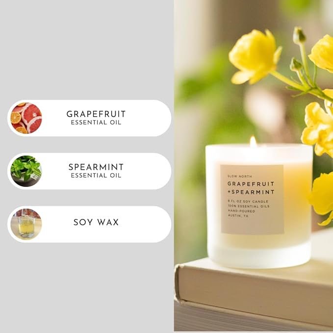 Slow North Grapefruit + Spearmint - Essential Oils and Pure Soy Wax Candle in a Reusable Frosted Glass Jar - Scented Candle Hand-Poured in The USA (8 oz)