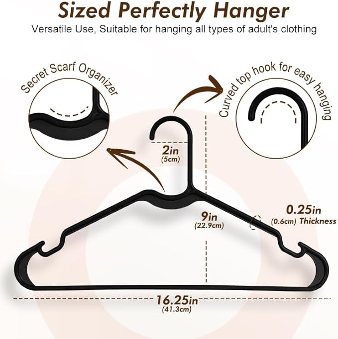 HOUSE DAY Black Plastic Hangers 60 Pack, Lightweight Clothes Hangers with Non-Slip Shoulder Grooves - Space-Saving, Durable & Reinforced Edges Coat Hanger for Closet Organization (Made in USA)