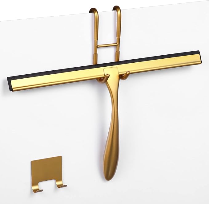 steauty Shower Squeegee for Glass Doors,12-Inch Shower Glass Squeegee, Gold Shower Squeegee for Shower Doors,Mirror,Windows, with Shower Door Hook and Adhesive Hook