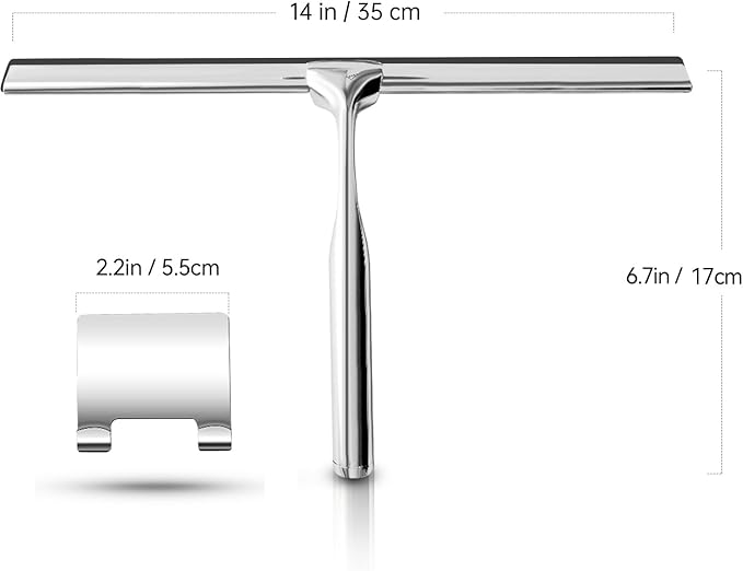 Shower Squeegee for Glass Doors Stainless Steel with Self Adhesive Hook Window Squeegee for Shower Door Bathroom Mirror Wiper, Window Glass Cleaning