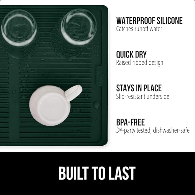 GORILLA GRIP 100% BPA-Free Silicone Dish Drying Mat for Kitchen Counter, Quick Dry, Water Catching Ribbed Design, Easy Clean Waterproof Sink Liner, Heat Resistant, Fits Under Rack, 11x13, Hunter Green