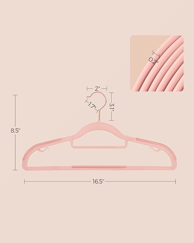 SONGMICS Pack of 50 Coat Hangers, Space-Saving Plastic Clothes Hangers, Non-Slip, 0.2 Inches Slim, 16.5 Inches Wide, 360° Swivel Rose Gold Hook, Light Pink UCRP20PK05