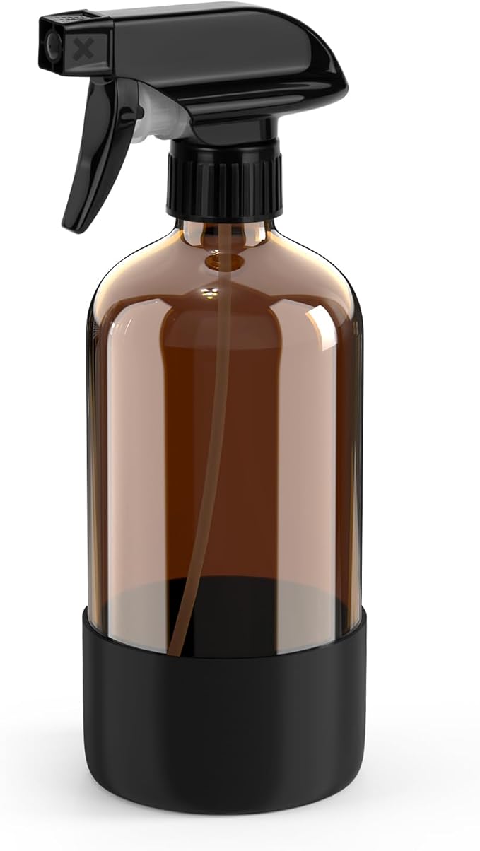 Bontip Amber Glass Spray Bottle with Silicone Sleeve Protection, 16 oz Refillable Spray Bottle for Cleaning Solutions, Plants, Aromatherapy, Facial Hydration (Black Sleeve(Amber Bottle)