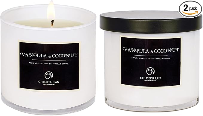 Chloefu LAN Vanilla & Coconut Scented Candle Sets Luxury Soy Jar Candle 7.1oz|45 Hour Long Lasting Burn Highly Scented Valentines Gifts for Men & Women All-Natural Soy Wax Candle 2 Pack